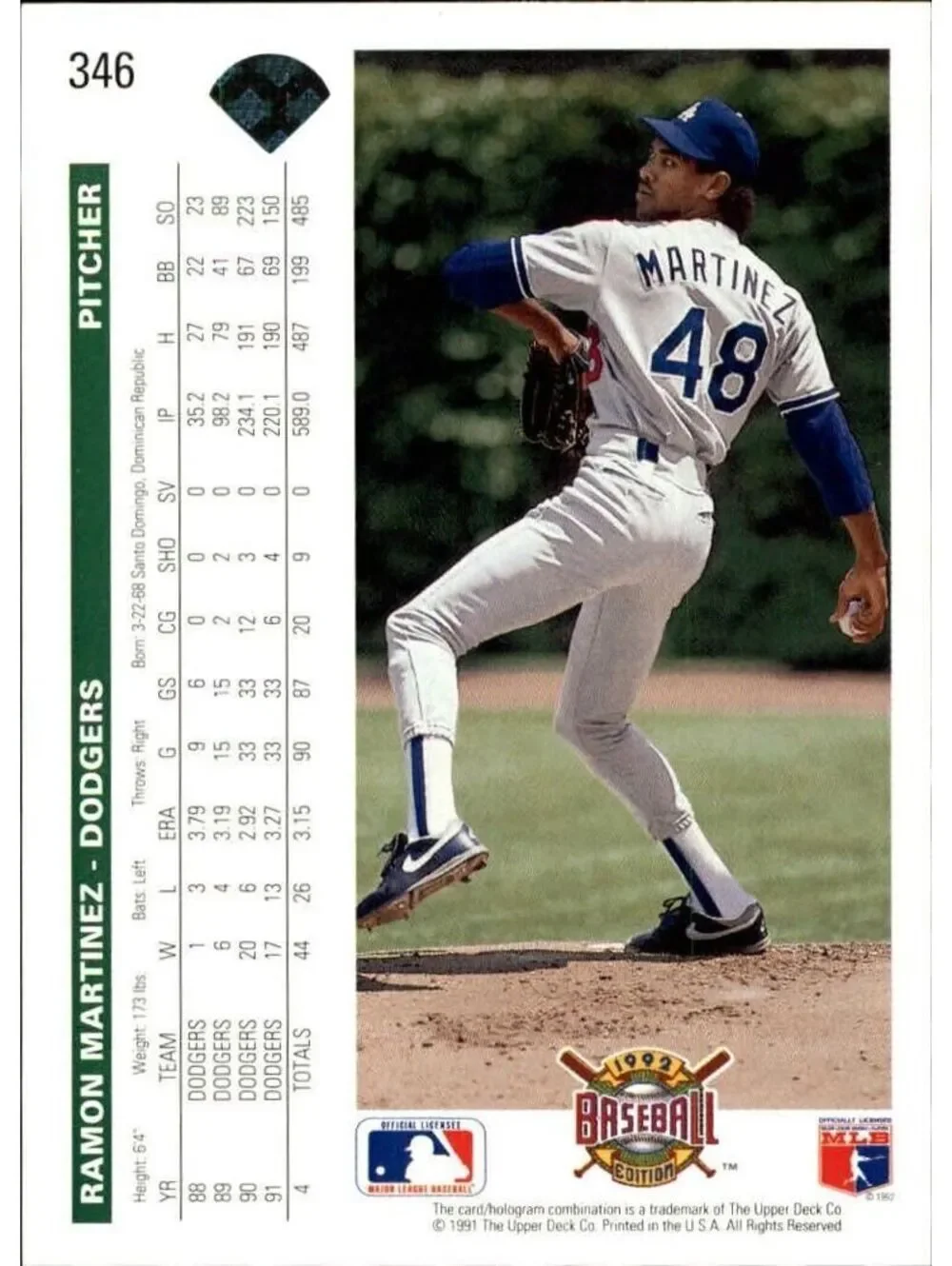 Ramon Martinez 1992 Upper Deck MLB #346 Baseball Card Los Angeles Dodgers